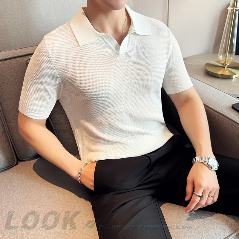 Summer Seagull Collar Knitted Short-Sleeved Polo Shirt, Male V-neck Lapel T-shirt, Slim Fit Men's Stretchable Polo Wear  M-3XL