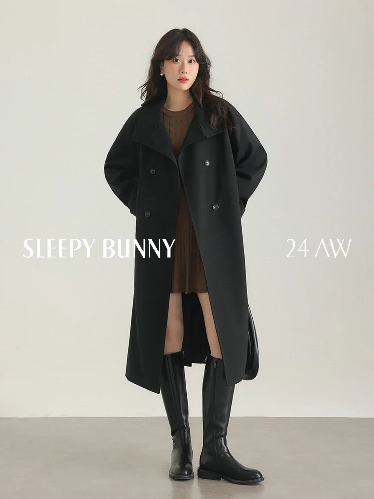 Vintage Elegant Wool-Like Coat for Women Winter Long Trench Coat with Belt Lapel Collar Slim Fit Casual Warm Thick Overcoat