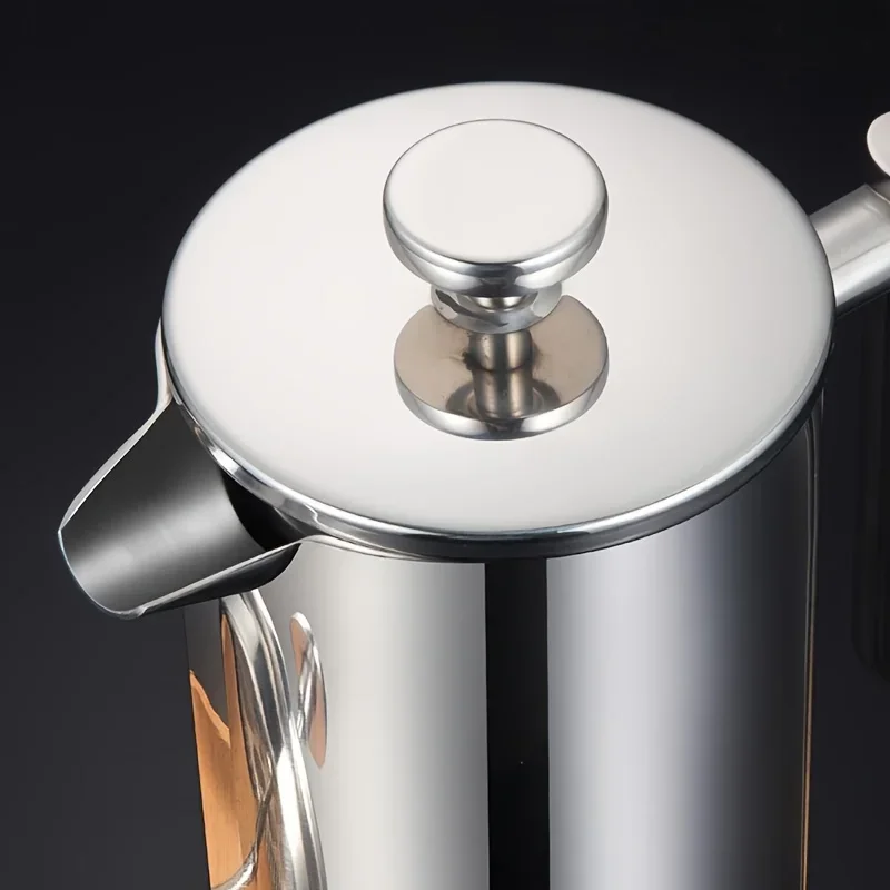 Elegant 350ml Stainless Steel French Press Coffee Maker - Double-Walled, Thermal Insulated with Wooden Handle & Serving Spout,