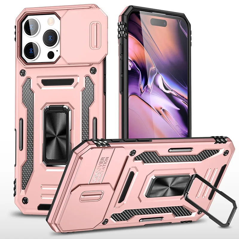 

For Iphone 16e/16 Pro Max Case Magnetic Holder Metal Stand Military Grade Armor Lens Sliding Cover For Iphone 15/14/13/12/11