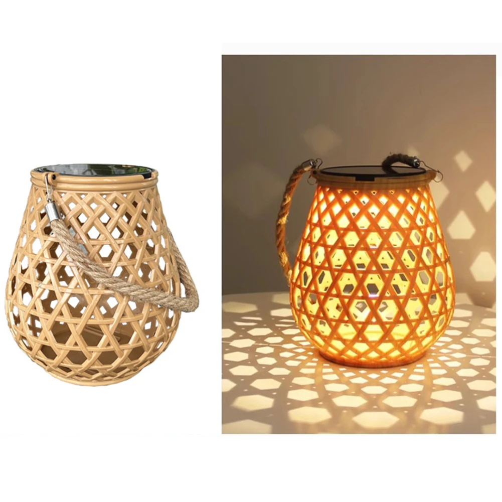 Outdoor Solar Lantern Lights Waterproof Hanging Imitation Bamboo Weaving Hollowed Table Lamp Decoration For Garden Patio