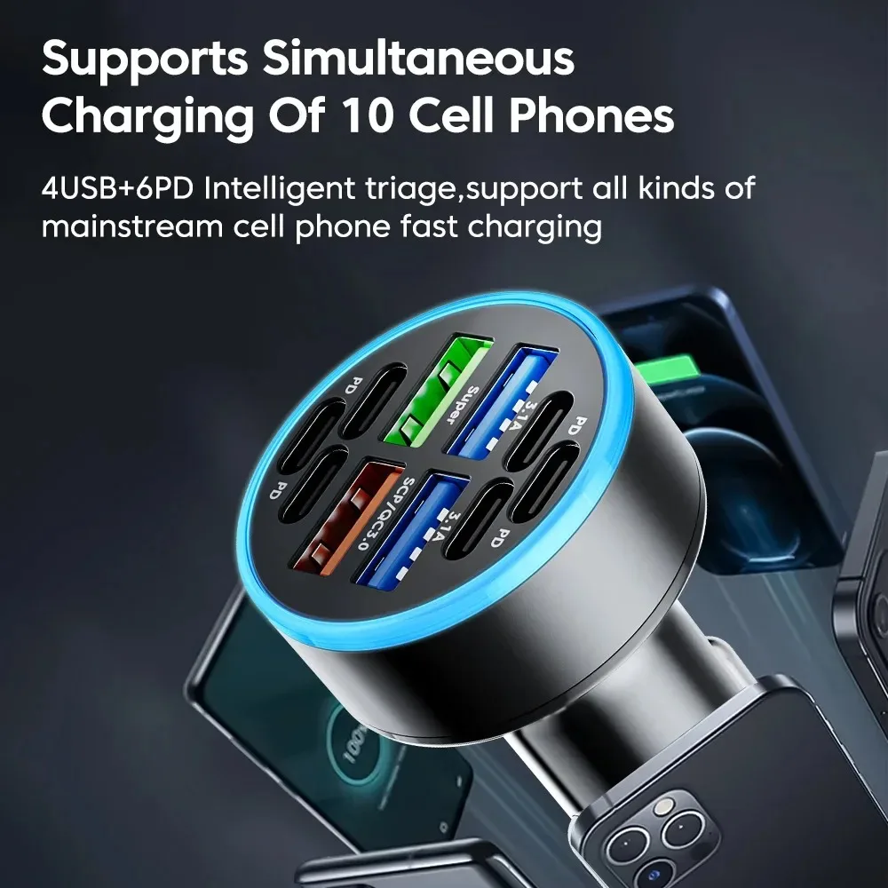 100 واط PD USB شاحن سيارة 10 في 1 سيارة ولاعة السجائر QC3.0 شحن سريع التوصيل شاحن هاتف السيارة فلاش تهمة مع شاشة ديجيتال