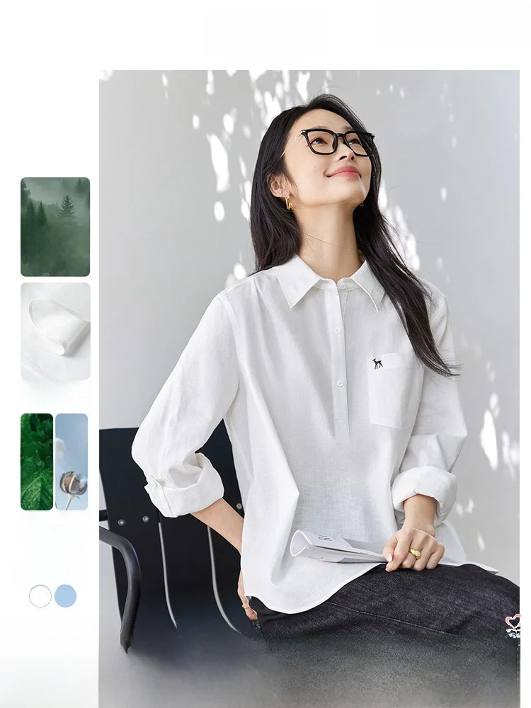 

Elegant White Deer Embroidery Design Long Sleeve Shirt Women's Loose Top Spring Commute Fashion Cotton Linen Blend Shirt