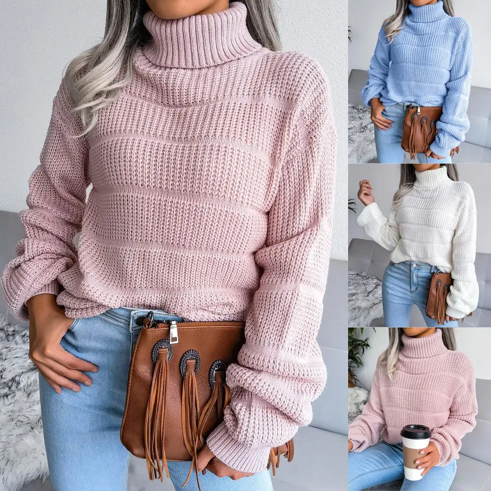 

Trendy High-ne Long-sve Hollow-out Casual Knitted Sweater Base Layer Cross-border Women's Faion Autumn Winter Top