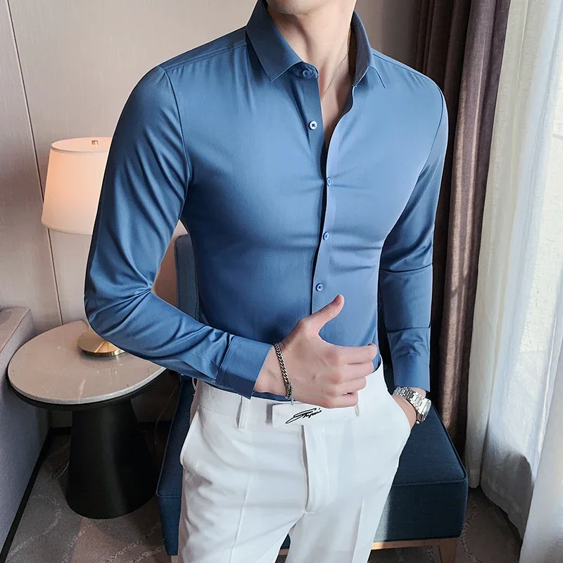 High-end Seamless Shirt Men\'s Long Sleeved Slim Fit Elastic Shirts Top Quality Luxury Business Social Formal Dress Shirts 4XL-M