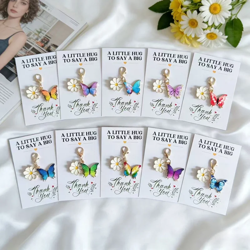 20pcs（10A beautiful keychain+10A thank you pocket hug card）Butterfly, Daisy, and Ladybug Keychain Comes with a Thank You Pocket