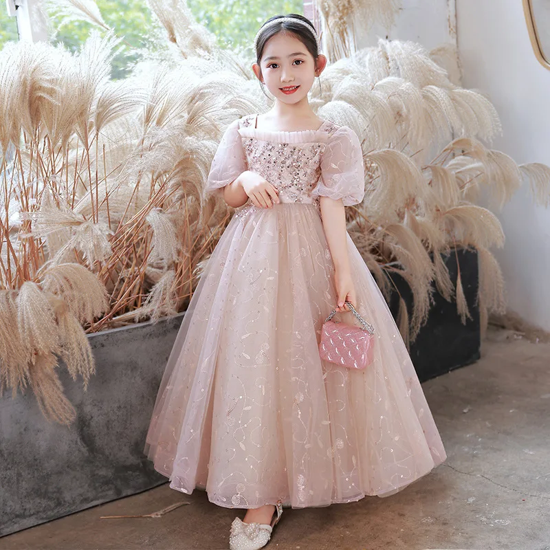 Bridesmaid Princess Dress For Girls Sequin Tulle Birthday Party Tulle Clothes Flower Girls Wedding Pageant Long Communion Gown