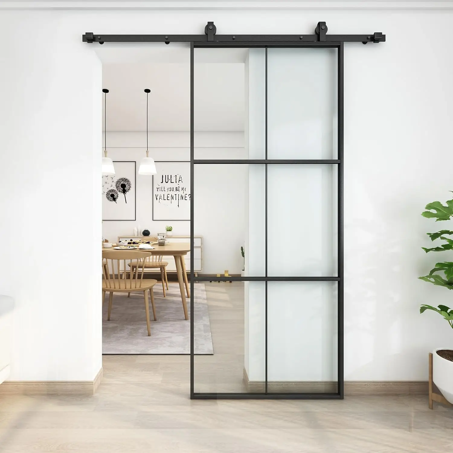 Jubest 36In X 84In Glass Sliding Barn Door, 3-Panel Black Aluminum Frame And Clear Tempered Glass Modern French Door, Easy To