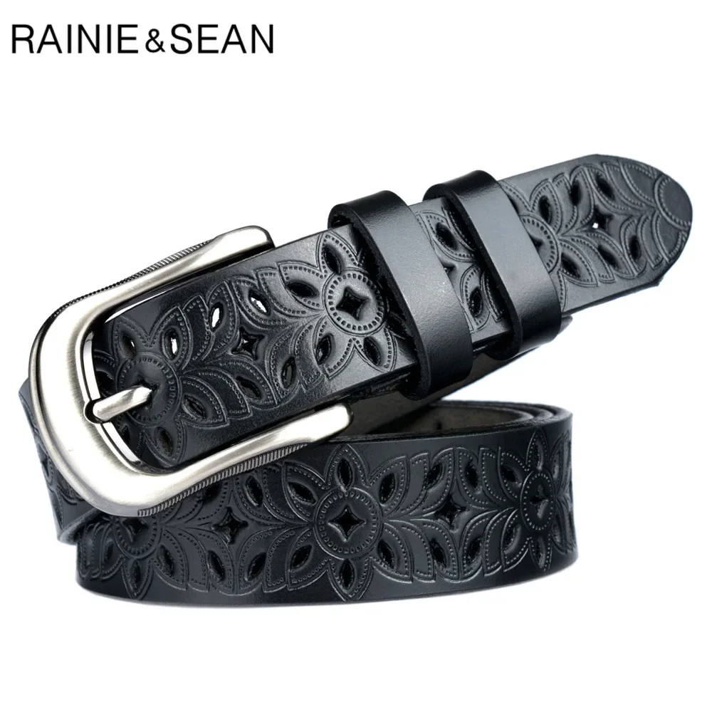 

RAINIE SEAN Black Women Belt Genuine Leather Cowskin Jeans Belt Cowhide Emnossed Vintage Ladies Pin Buckle Belt Hollow Out