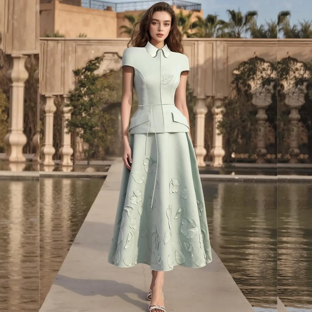 

Customized Pastrol Unisex Jersey Flower Pleat A-line High Collar Midi Dresses Bespoke Occasion Elegant