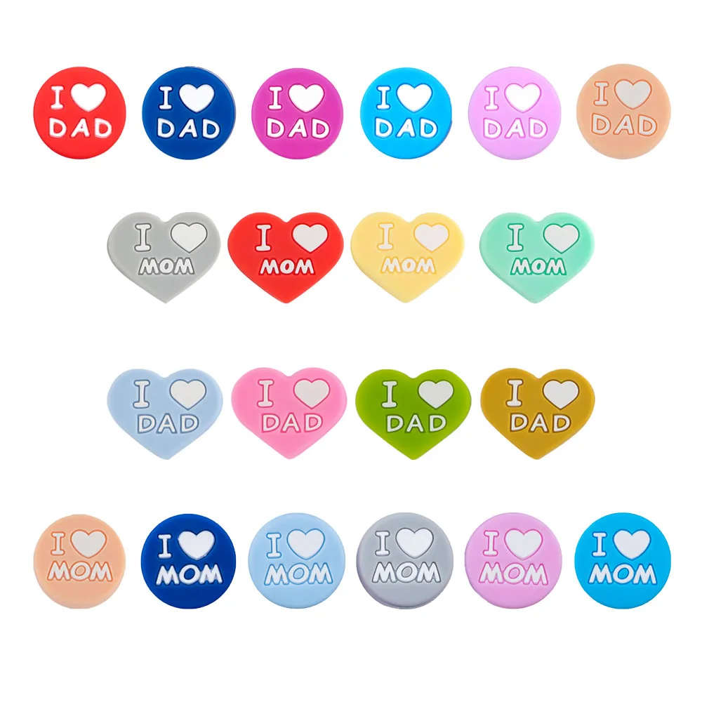 Kovict 10Pcs Silicone Beads Heart I LOVE MOM/Dad Round Silicone Beads For Jewelry Making Bulk DIY Necklace Accessories