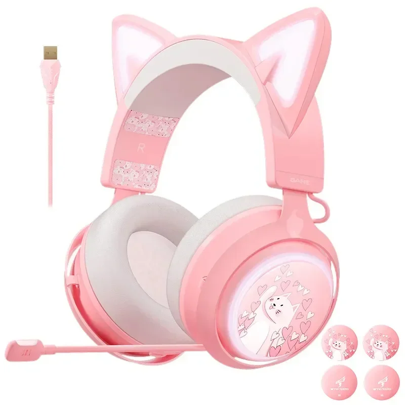 GS510 Pink Cat Ear Luminous Game Chicken Eating E-sports Headset 2.4G Wireless Headset