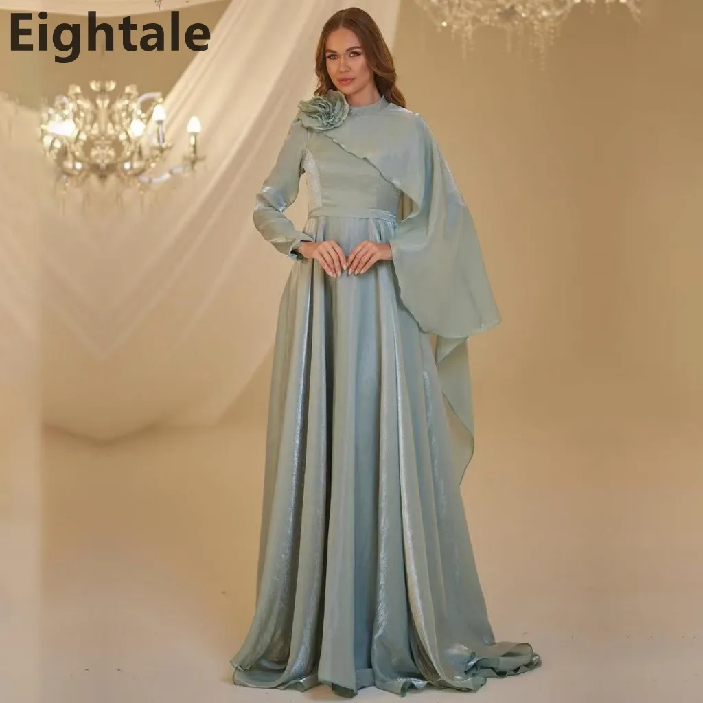 

Eightale 2025 Sage Green A Line Muslim Silk Satin Long Sleeve Evening Dress Saudi Arabic Prom Dress Dubai Party Gown Customized