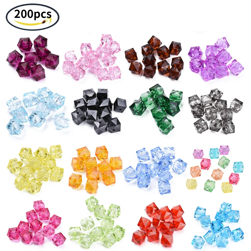 200 Pcs 8mm Transparent Acrylic Beads Faceted Cube Loose Beads Mixed Color Spacer Beads for Jewelry Making DIY Handmade Bag