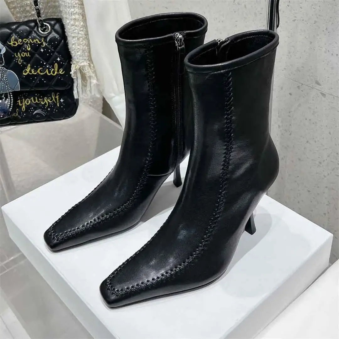 

Женские ботинки до середины икры из натуральной кожи на высоком каблуке, короткие ботинки на молнии с квадратным носком, женские ботинки челси в британском стиле, модные зимние ботинки