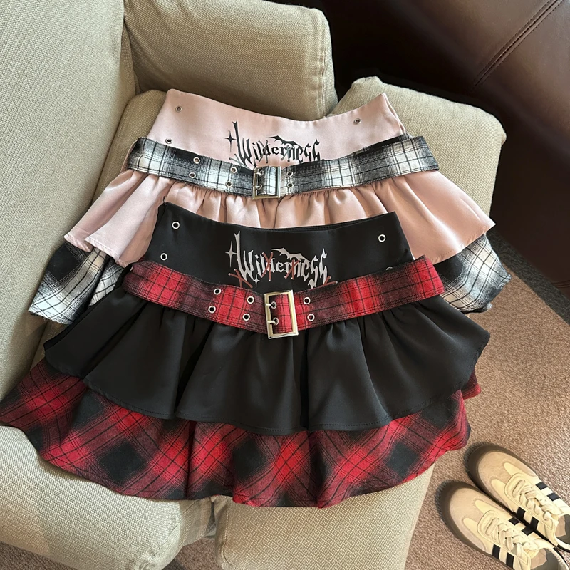 Y2K Gothic Mini Skirt Women Belt Plaid Patchwork Summer Harajuku Cake Skirts Print A Line Streetwear Female Student Kawaii Skirt