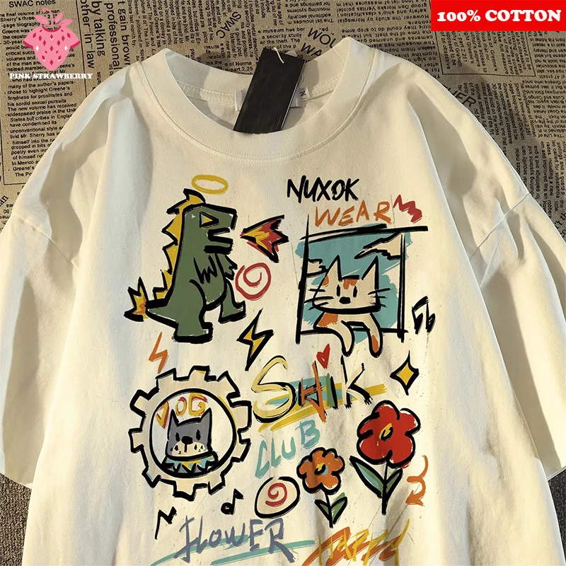 

ins Retro Cartoon Graffiti Print T-shirt Men Women Summer 2025 New 100% Cotton Short sleeve Couple T-shirt Y2k Top Mens clothing