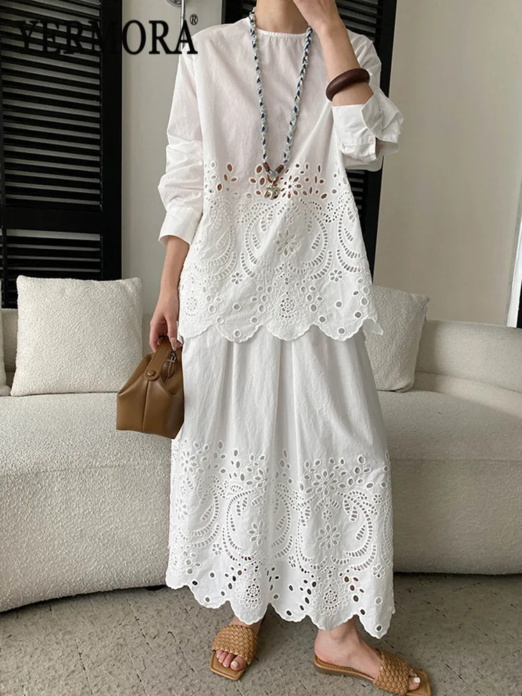 

YERMORA Women Two Pieces Set White Embroidery Hollow Out Blouse Loose Fit New Half Body Skirts Fashion Tide Spring Summer 2026