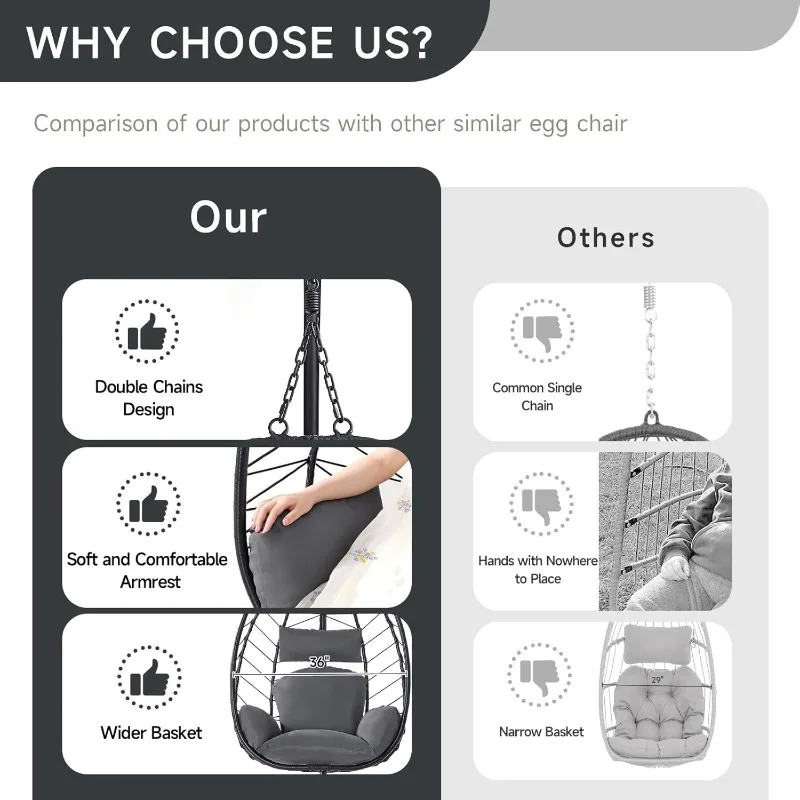 Hanging Egg Chair with Stand, Outdoor Indoor Egg Swing Chair with Cushion Headrest, Wicker Rattan Egg Chair with Chains, 35