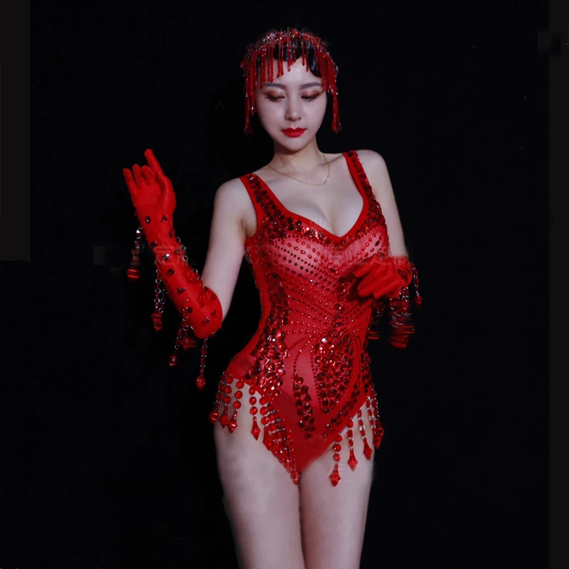 Nowy kostium Bar Nightclub DJ DS Gogo Full Rhinestones Red Bodysuit Gloves Women Pole Dance Clothing Stage Performance Wear Set