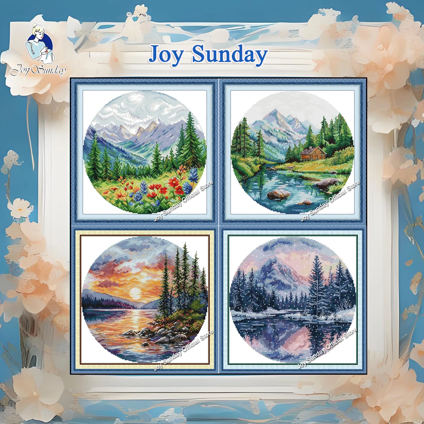 

Joy Sunday Pre-printed Cross Stitch Kit Easy Pattern Aida Stamped Fabric Embroidery Set-Round Four Seasons