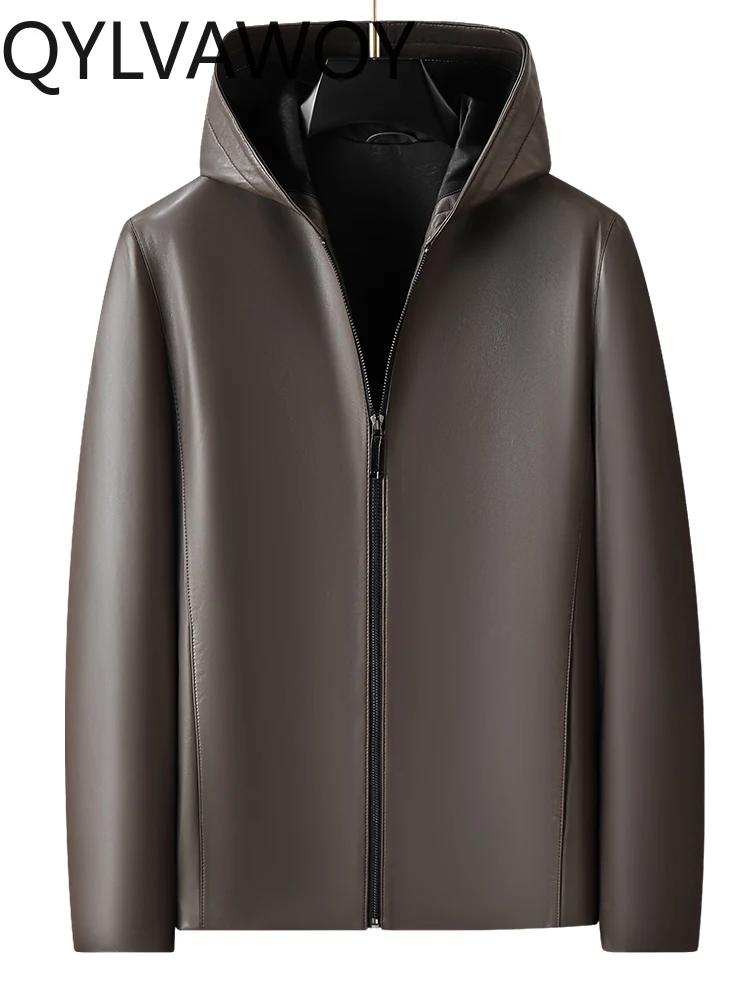 QYLVAWOY خريف شتاء جديد الراقية جلد الغنم الحقيقي الرجال سترة جلدية مقنعين الجلود النقية عادية أنيق ملابس خارجية دافئة LJ2673 #6