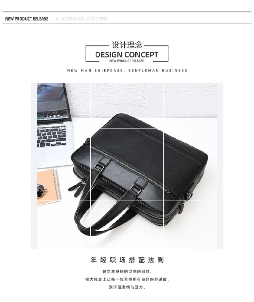 Black Leather Laptop Briefcase With Detachable Shoulder Strap Multi Zippered Compartments Water Resistant Design
