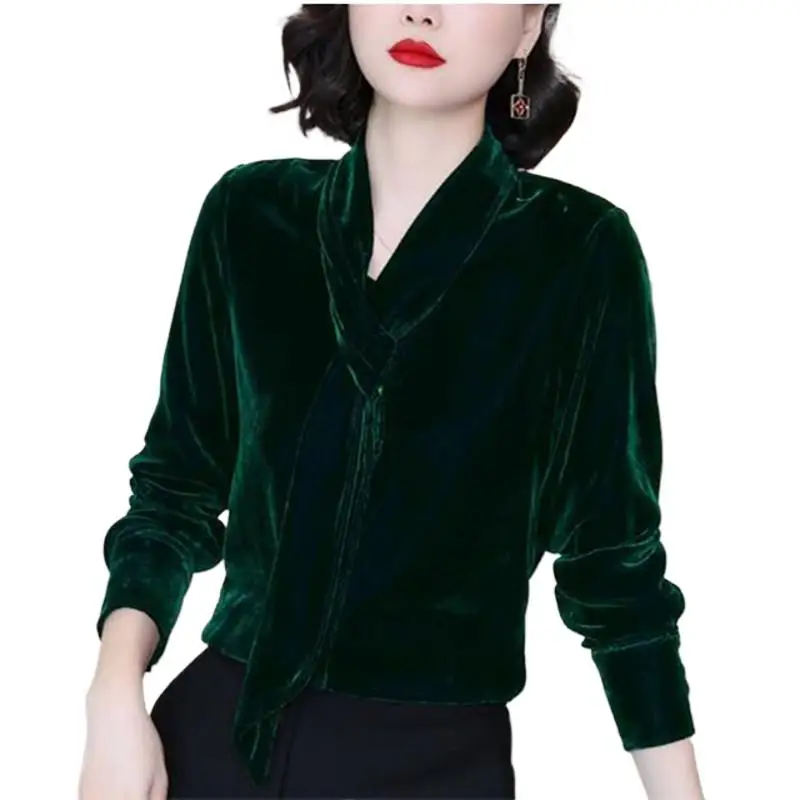 OL office Women Tops and Blouse Autunm Vintage Long Sleeve velour Tops Blusas Mujer De Moda Spring Elegant Autumn velvet blouses