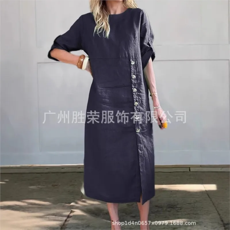 2025 Summer Cotton Women's Dresses O-neck Mid Sleeve Fashionable Button Loose Dresses Female Casual Trendy Office Ladies Clothes