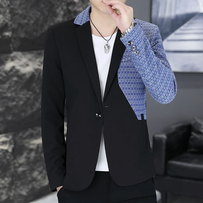 

Korean Fashion Patchwork Suit Jacket for Men 2024 Spring Slim Fit Casual Business Blazers Street Wear Social Wedding Dress Coats