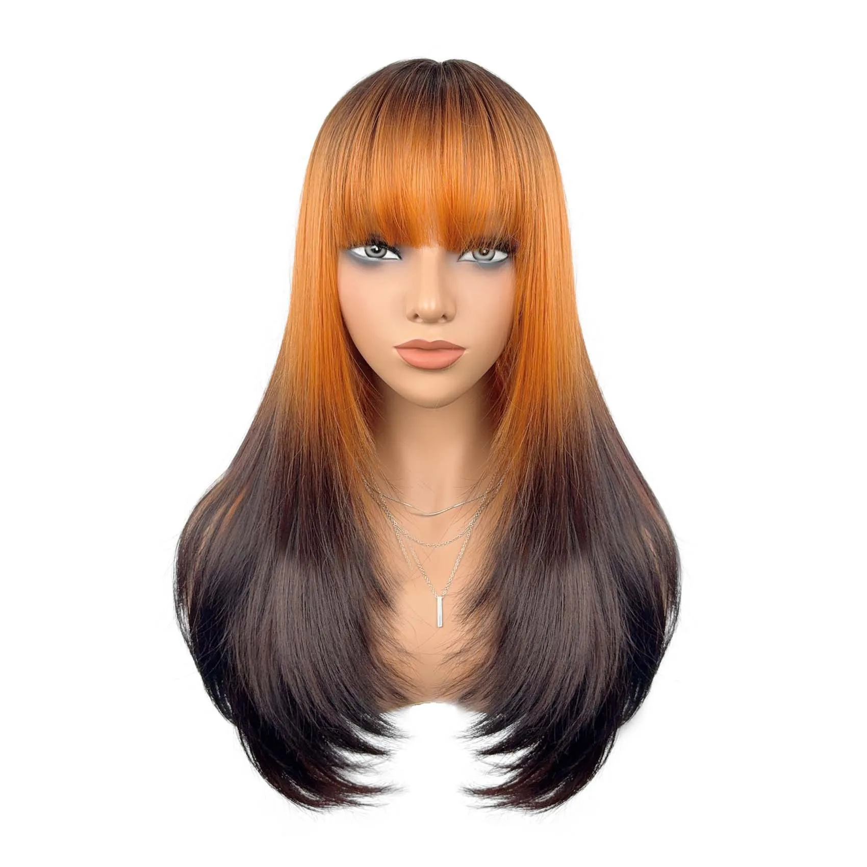 Grey black gradient layered long straight hair wig for women, lightweight and non stuffy scalp hair cover