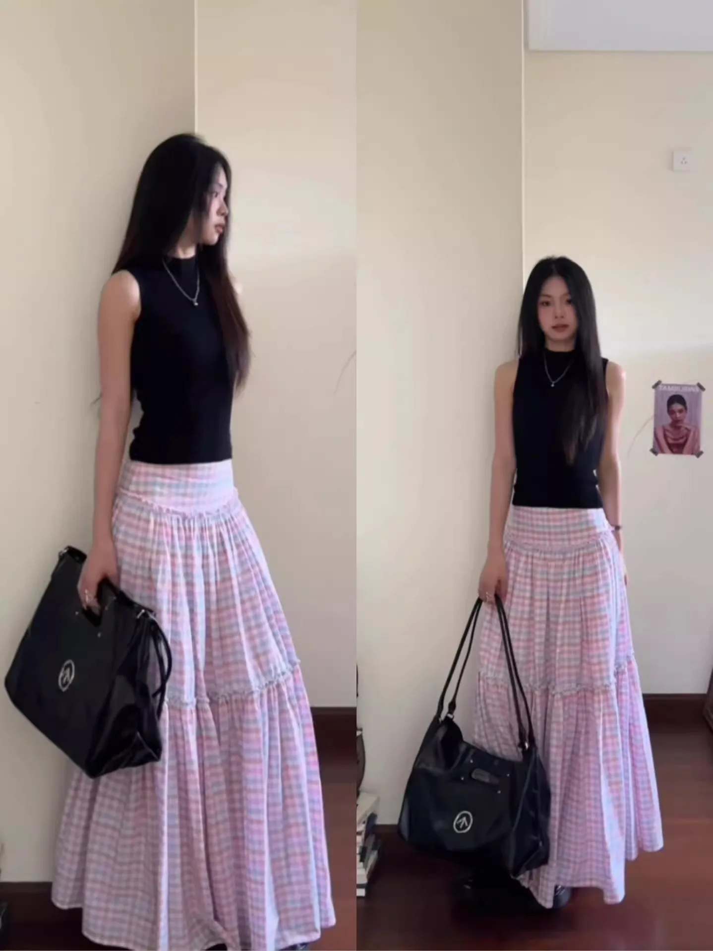 Rosa Plaid A-Line Midi Rock frauen Frühling Sommer Abnehmen Hohe Taille Vintage Plissee Kleine Größe Lange Rock Pendeln Sle