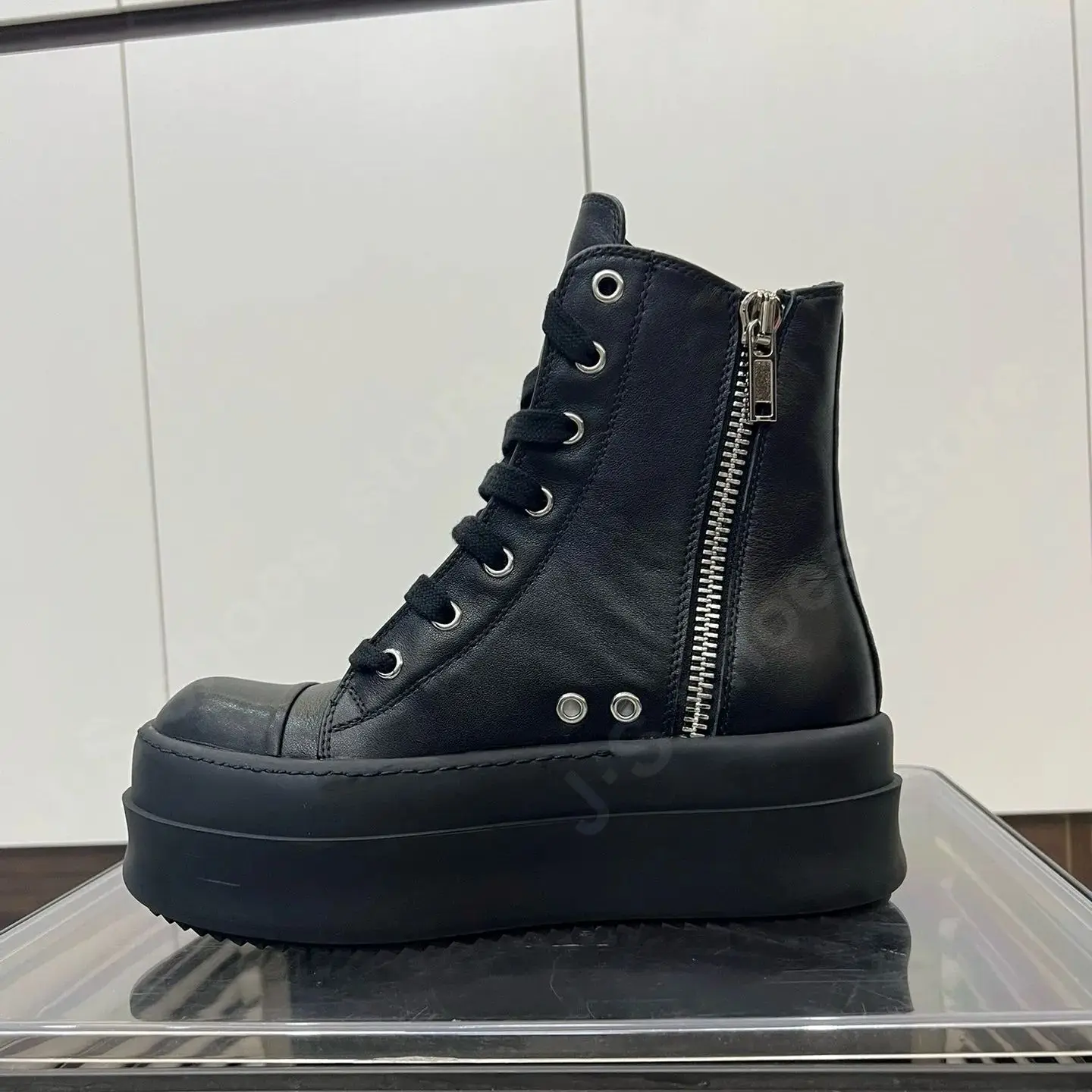 Ricks Luxury Men Shoe Women Sneaker Ankle Boot Owens High Top Casual Shoes Black Leather ZIP Laces 6cm Thick Sole Sneakers Boots