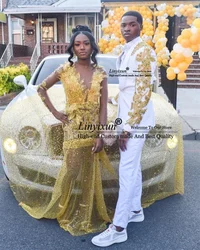 Fashion White Men Suits Luxury Gold Beaded Crystals Wedding Groom Tuxedos 2 Pieces Sets Male Party Prom Blazer Costutme  Homme