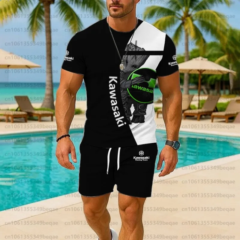 

Summer Kawasaki Racing 3D Printed Men's T-shirt Shorts Sportswear Round Neck Short Sleeve Set Adult Breathable Two-piece Set 88