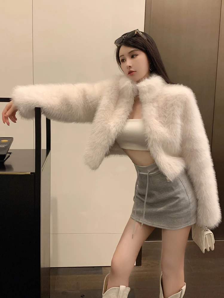 2024 Women Stand Collar Zipper Plush Faux Fur Jacket Winter New Korean Advanced Sense Fashion High Street Versatile Short Coat