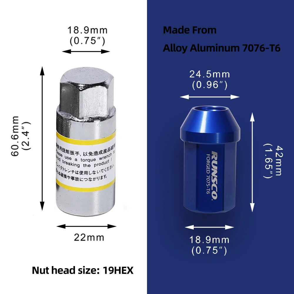 HEX 19mm Wheel Lug Nuts M12x1.5/M12x1.25 Racing Wheel Nuts Forged 7075-T6 Aluminium Length 42mm