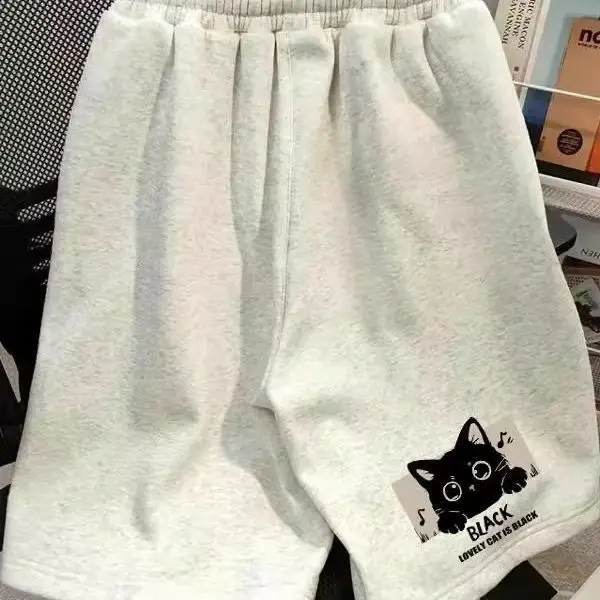 

Лето 2024, мужские и женские шорты, трендовые шорты с принтом котенка для пары, верхняя одежда, прямые спортивные свободные брюки с пятью точками, мужские