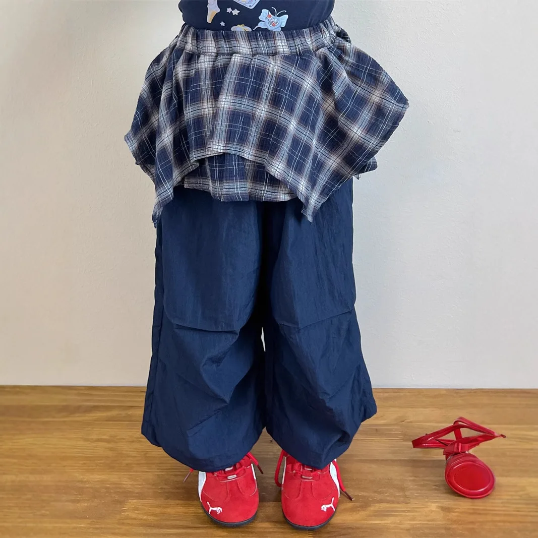 

Korean children's clothing girls spring and autumn plaid fart curtain quick-drying splicing straight loose wide-leg pants