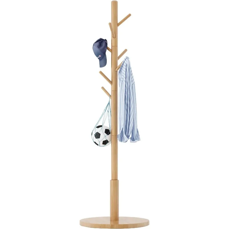 

Wooden Coat Rack, Free Standing Coat Stand with 8 Hooks and 3 Height Options, Sturdy Kids Coat Tree Easy to Assemble