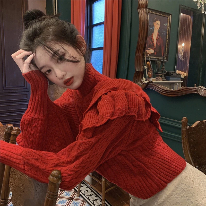 Turtleneck Sweater Women Vintage Ruffles Knitted Pullovers Christmas Streetwear Cropped Knitwear Autumn Winter Korean Red Jumper