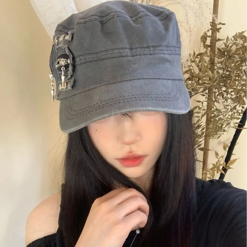 

Fashion Cloth Rivet Denim Beret Y2k Spice Girls Metal Rivet Flat Top Hat Zippers Washed Cotton Retro Baseball Cap Outdoor
