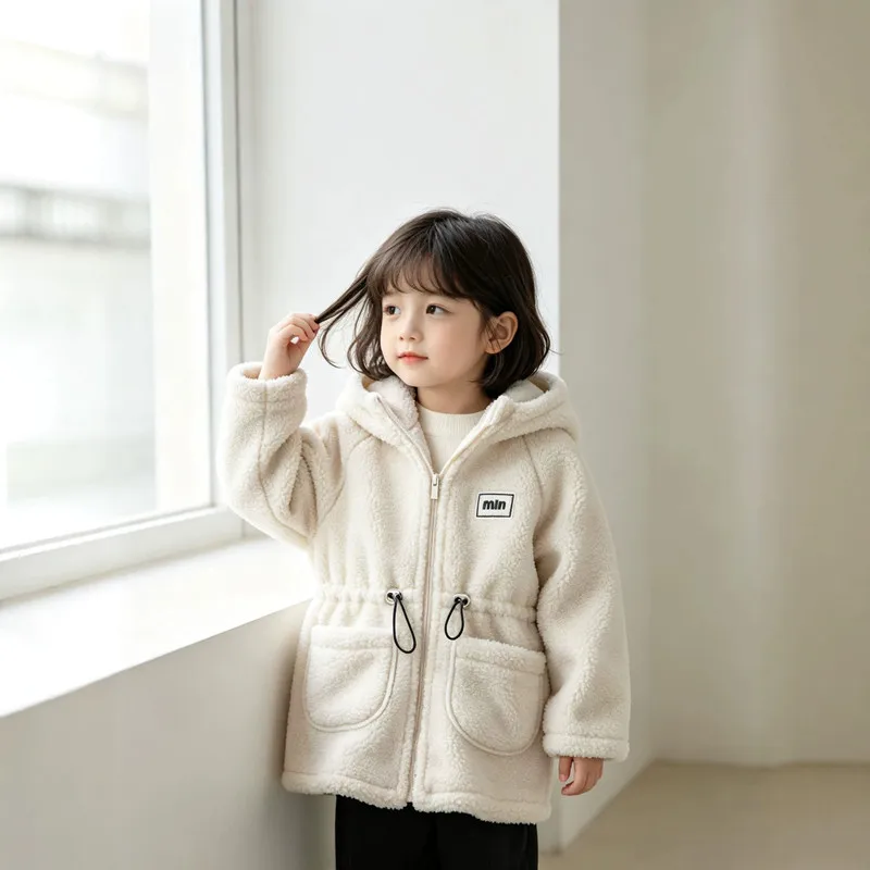 Children's Fleece Coat Autumn Kids Mid-Length Hooded Warm Jacket For Boys Girls 2-13 Years Wear