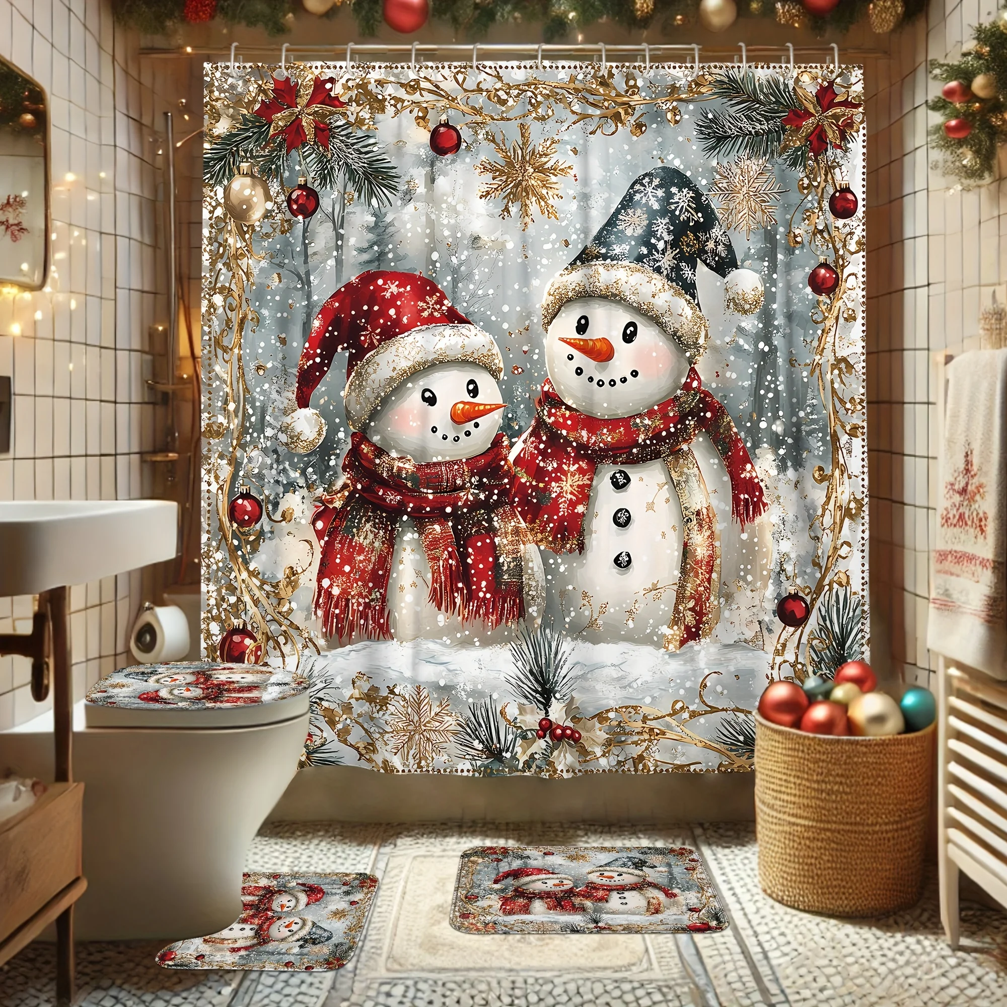 4Pcs Xmas Bath Set,Snowman Ball Santa Hat Snowflake,Cute Red White, Holiday Shower Decor, 12 Hooks, Non-Slip Mat, U-Shaped Cover