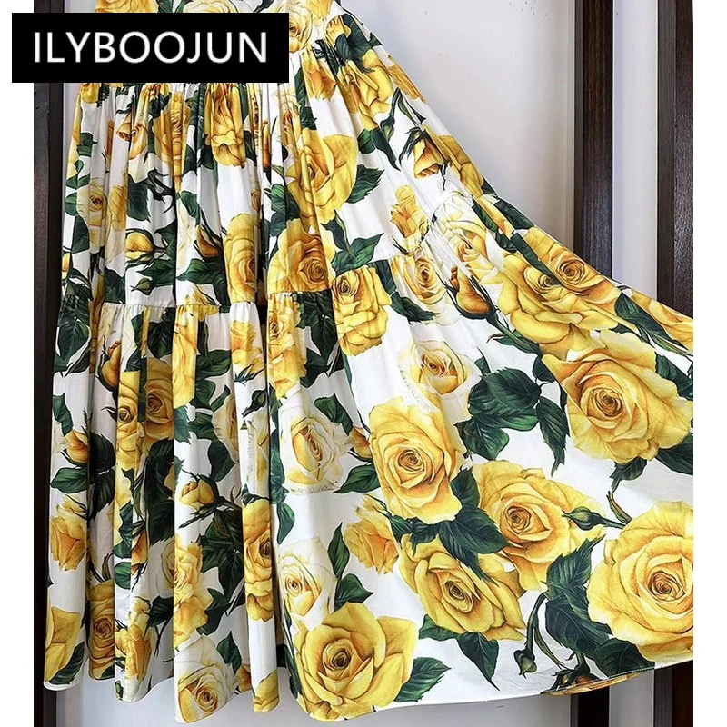 ILYBOOJUN-Jupe longue en coton pour femme, 100% coton, taille haute, jaune, rose, imprimé floral, élégante, fête, créateur de mode, printemps