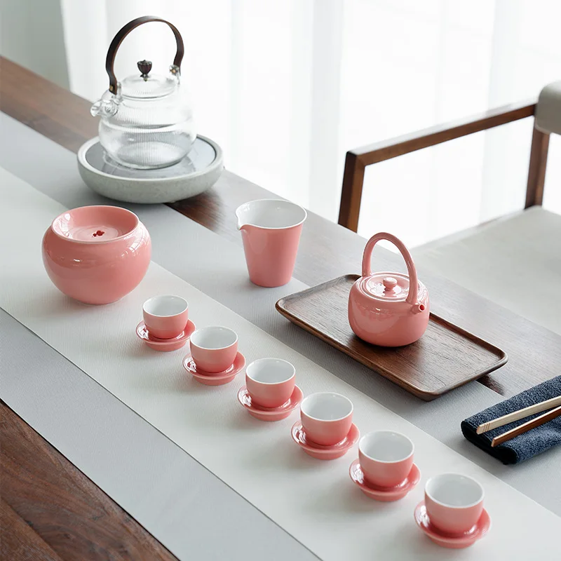 Peach pink lifting beam pot, ceramic small tea pot for one person, small size single mini women's kung fu tea set powder