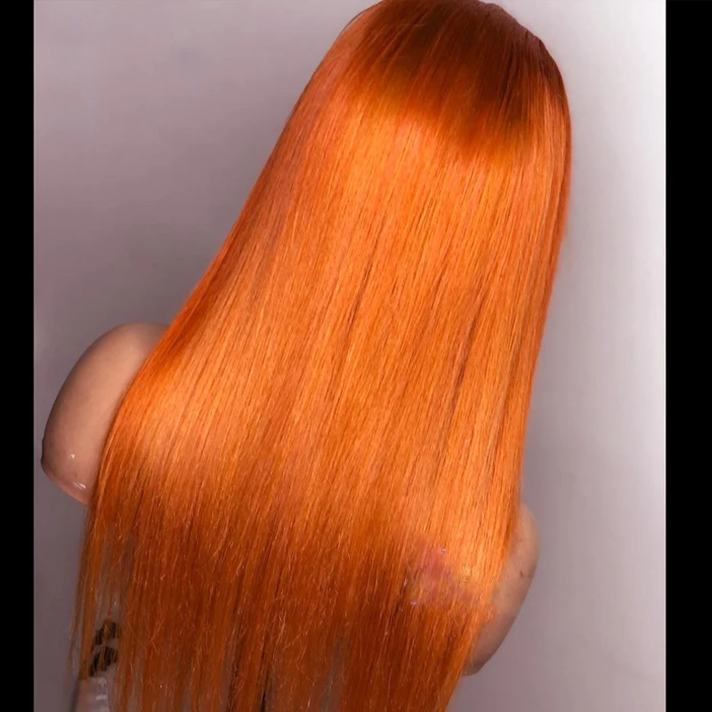 Peluca larga y suave de encaje frontal para mujer, pelo de bebé, naranja, sedoso, resistente al calor, sin pegamento, 180% de densidad, 26 pulgadas