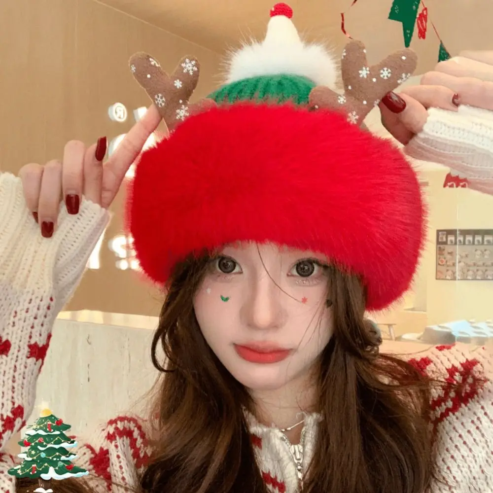 Gifts Red Antler Christmas Hat Plush Loose Winter Hat Cute Fleece-lined Knitted Woolen Cap for Women