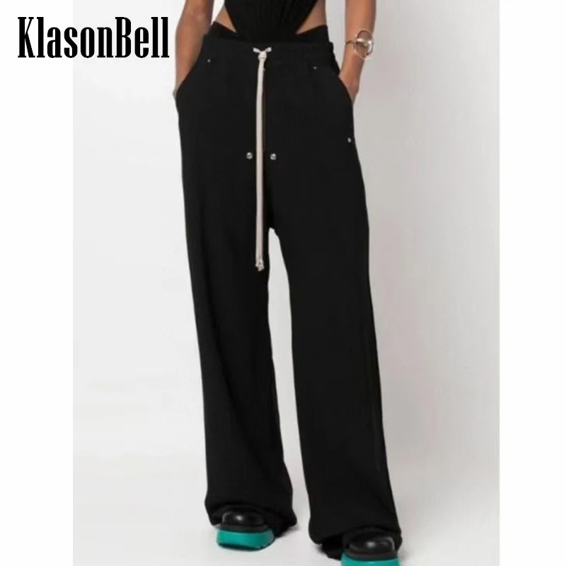 

3.27 KlasonBell Drawstring Waist Zipper Pocket Decoration Thick Fleece Sweatpants Women's Casual Loose Wilde Leg Pants