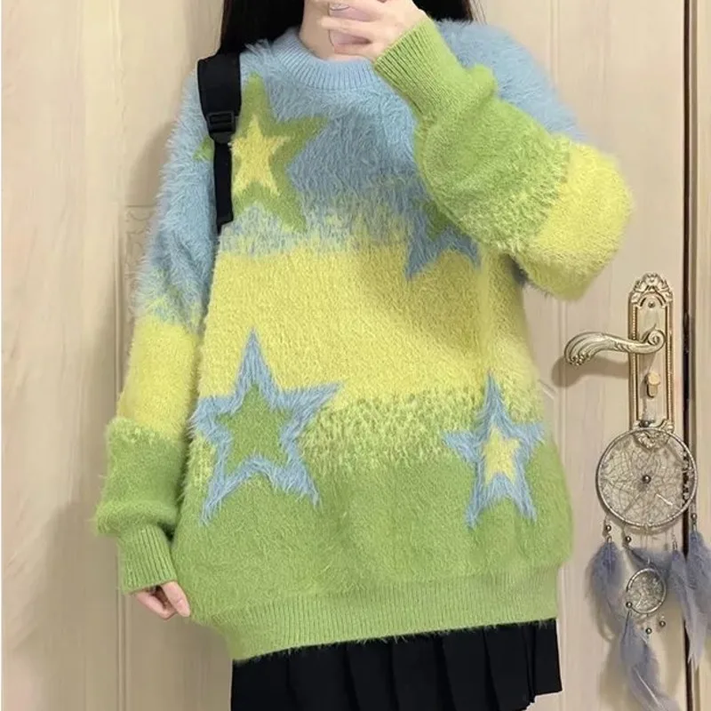 

Kawaii градиент звезда жаккардовый дизайн зимний свитер Cutecore 2000-х годов эстетический модный Harajuku повседневный трикотаж Y2k женский пуловер